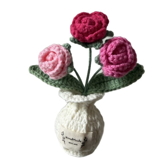 Crochet Rose with White Pot - Pink
