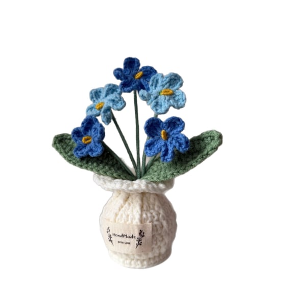 Crochet Forget me not with White Pot - Blue