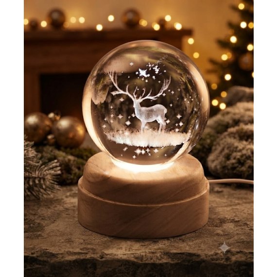 Winter Stag Rotating 3D Crystal Globe Light - Wood