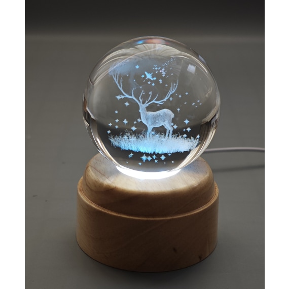 Winter Stag Rotating 3D Crystal Globe Light - Wood