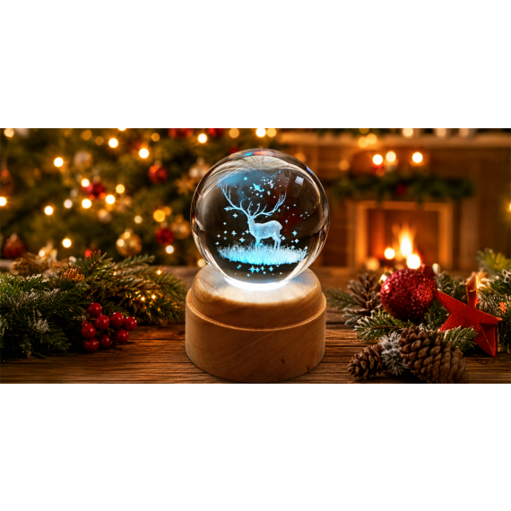 Winter Stag Rotating 3D Crystal Globe Light - Wood