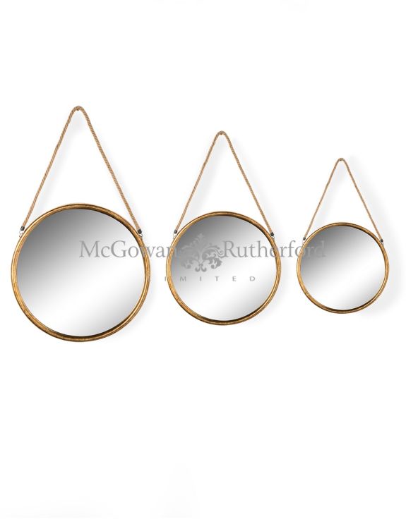 Large Round Gold Metal Mirror on Hanging Rope with Hook