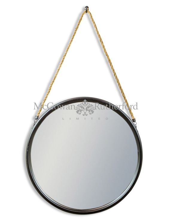 Large Round Black Metal Mirror on Hanging Rope with Hook