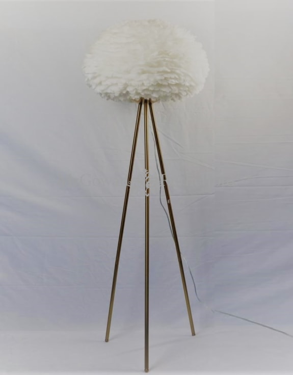 Brushed Brass Tripod Floor Lamp with White Feather Shade Brushed Brass Tripod Floor Lamp with White Feather Shade
