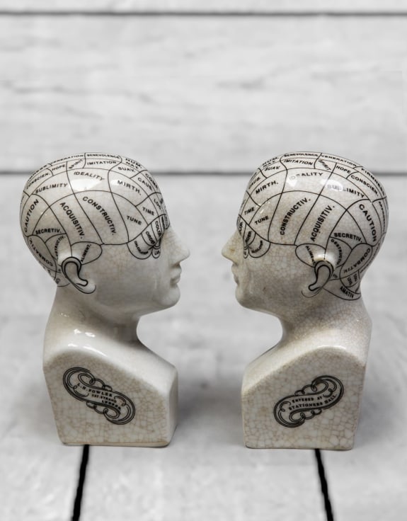 Antiqued Ceramic Phrenology Head Bookends/ Ornaments