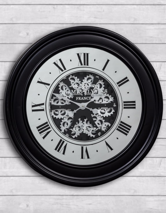 Black Mirrored Face Antique Style Moving Gears Clock