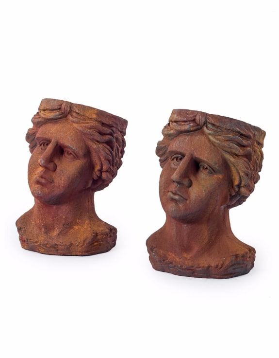 Set of 2 Antiqued Rusted Classical Head Planters