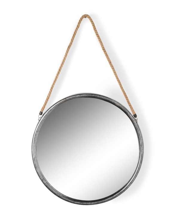 Large Round Silver/Champagne Metal Mirror on Hanging Rope with Hook