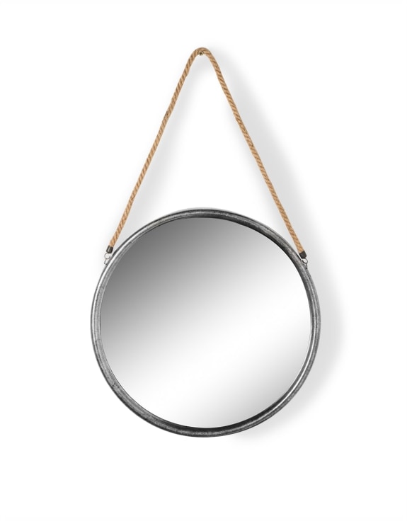 Medium Round Silver/Champagne Metal Mirror on Hanging Rope with Hook