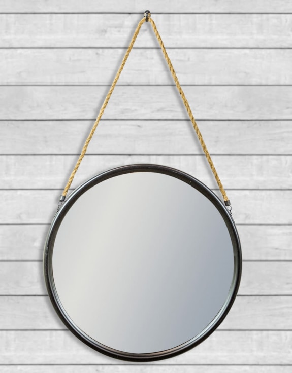 Large Round Black Metal Mirror on Hanging Rope with Hook