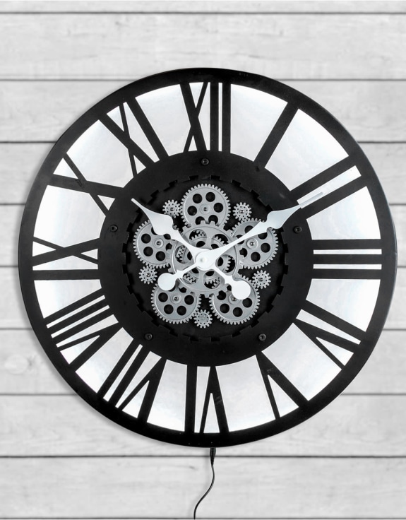 Large Black Skeleton Backlit Moving Gears Wall Clock