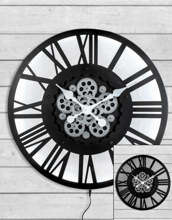 Large Black Skeleton Backlit Moving Gears Wall Clock