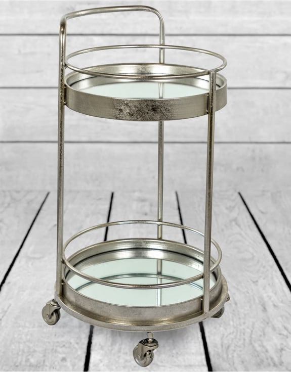 Antique Silver/Champagne Leaf Metal Small Round Bar Trolley with Mirror Shelves