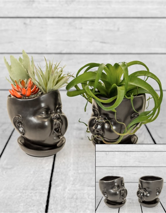 Set of 2 Black Ceramic Baby Face Pots/Vases