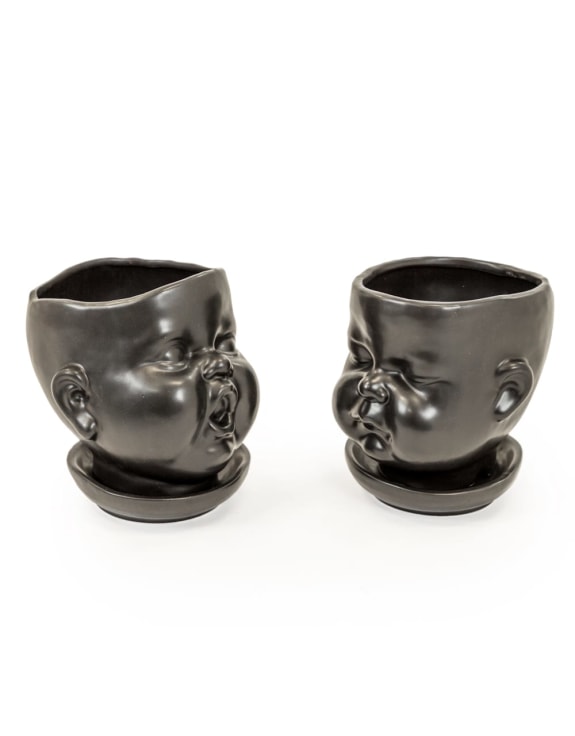 Set of 2 Black Ceramic Baby Face Pots/Vases