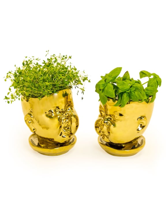 Set of 2 Gold Plated Ceramic Baby Face Pots/Vases