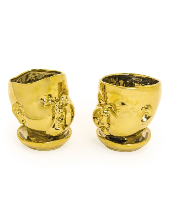 Set of 2 Gold Plated Ceramic Baby Face Pots/Vases