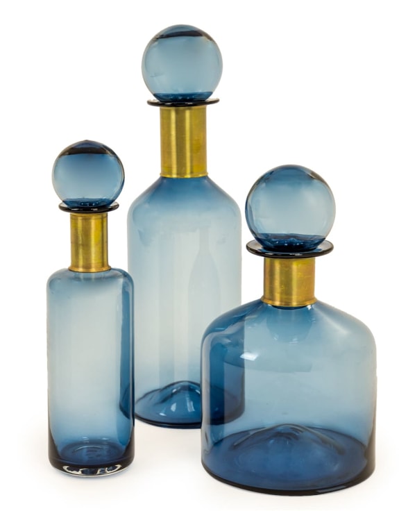 Large Blue Glass Apothecary Bottle with Brass Neck