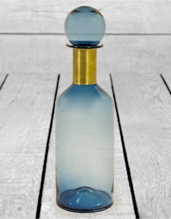 Tall Blue Glass Apothecary Bottle with Brass Neck