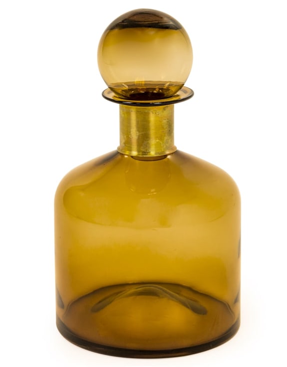 Large Brown Glass Apothecary Bottle with Brass Neck