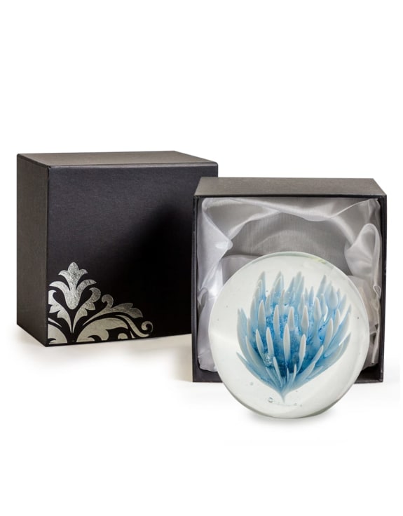 Large Blue & White Flower Glass Ball Paperweight with Gift Box