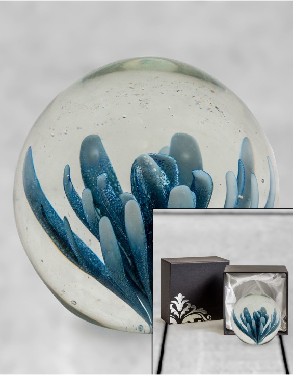 Blue & White Flower Glass Ball Paperweight with Gift Box