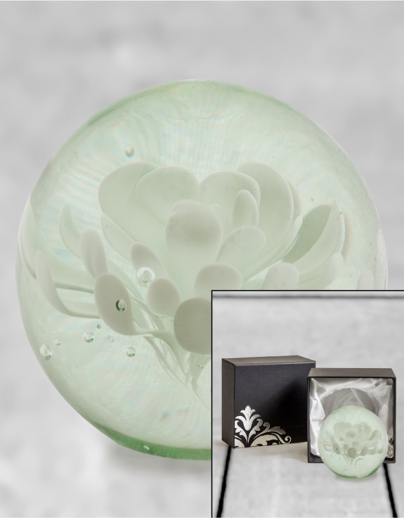 White Flower Glass Ball Paperweight with Gift Box