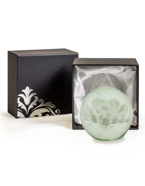 White Flower Glass Ball Paperweight with Gift Box