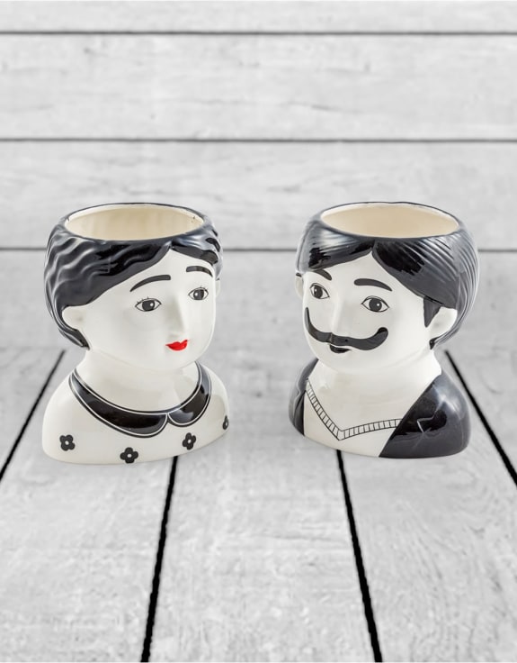 Black and White Set of 2 Large Man and Woman Ceramic Pots