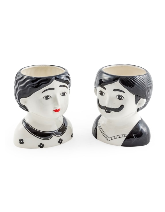 Black and White Set of 2 Large Man and Woman Ceramic Pots