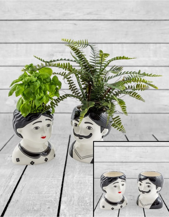 Black and White Set of 2 Large Man and Woman Ceramic Pots