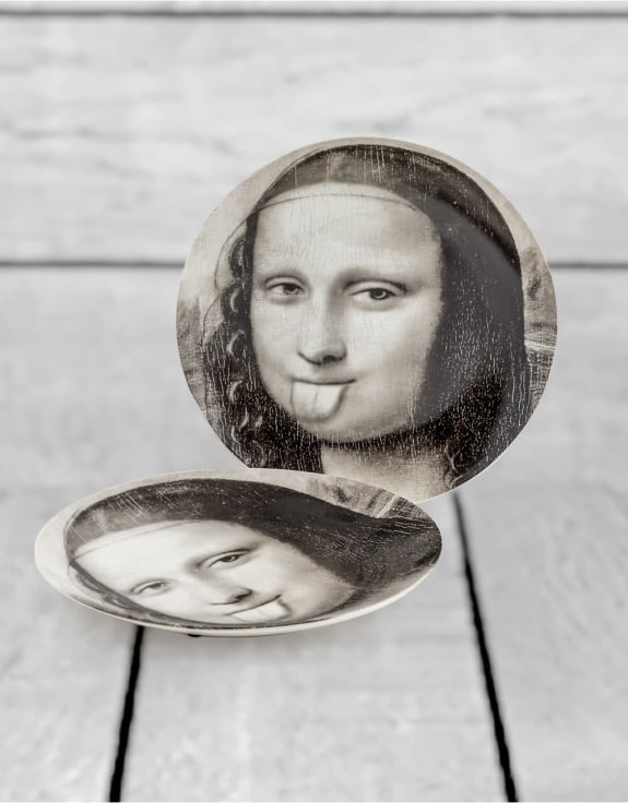 Set of 2 Black and White Mona Lisa Face 10" Ceramic Plates - Tongue