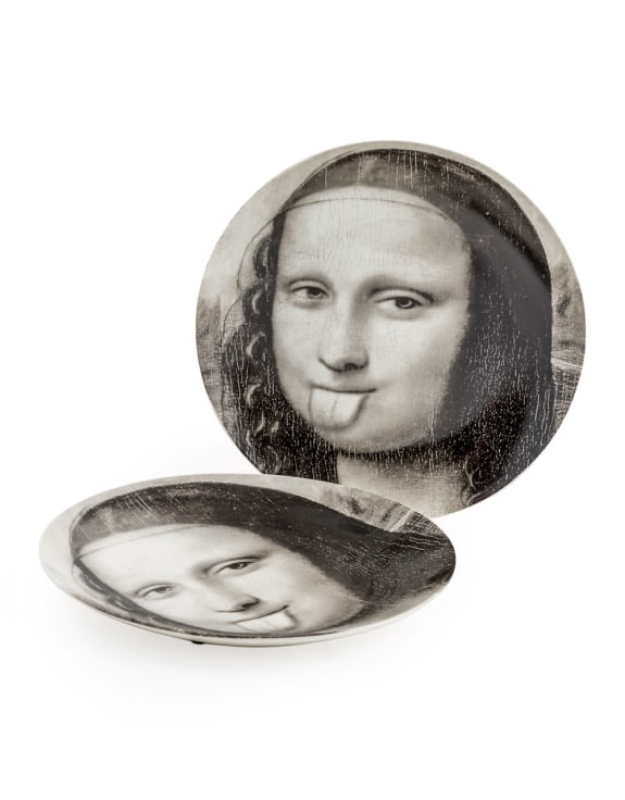 Set of 2 Black and White Mona Lisa Face 10" Ceramic Plates - Tongue