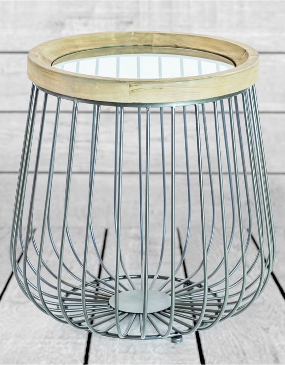 Set of 2 Iron, Wood and Glass Round Side Tables