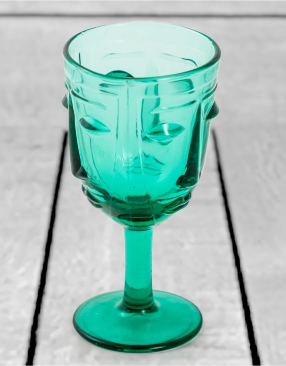 Set of 6 Teal Deco Face Wine Glasses