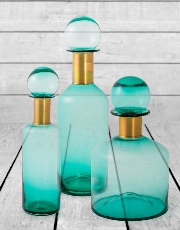 Large Teal Glass Apothecary Bottle with Brass Neck