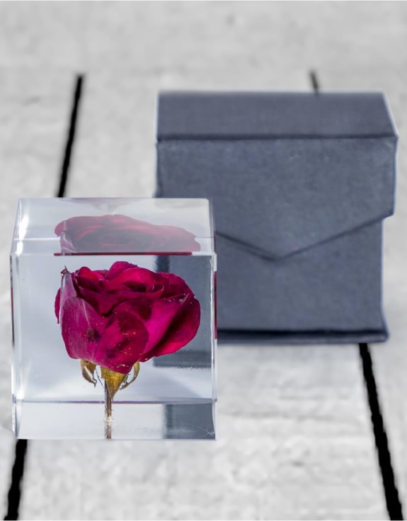 Square Acrylic Glass Real Rose Paperweight with Gift Box