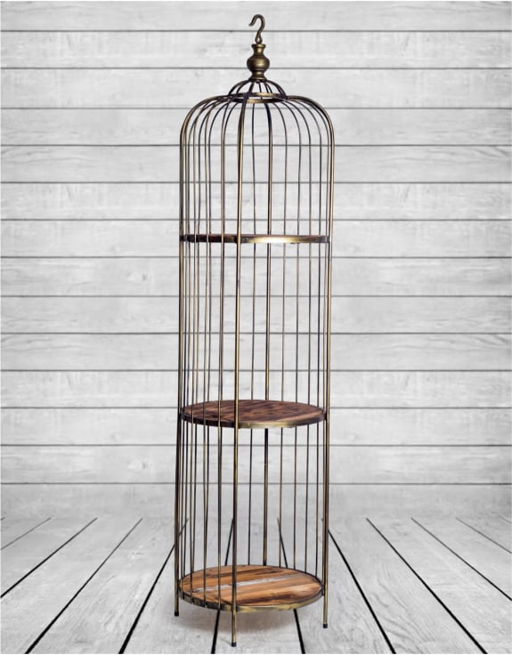 Antique Gold Bird Cage Style Storage Unit with Reclaimed Wood Shelves