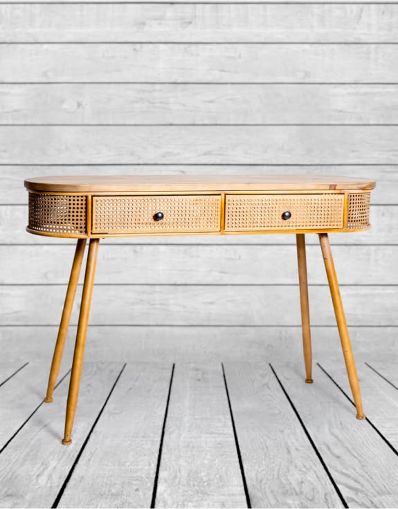 Rustic Metal Rattan and Wood Retro Desk/Console Table