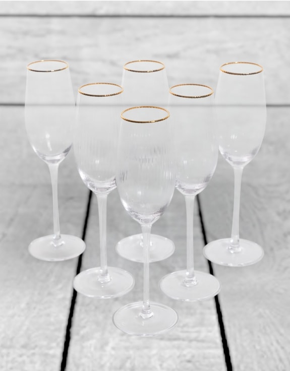 Set of 6 Traditional Champagne Flutes with Gold Rims