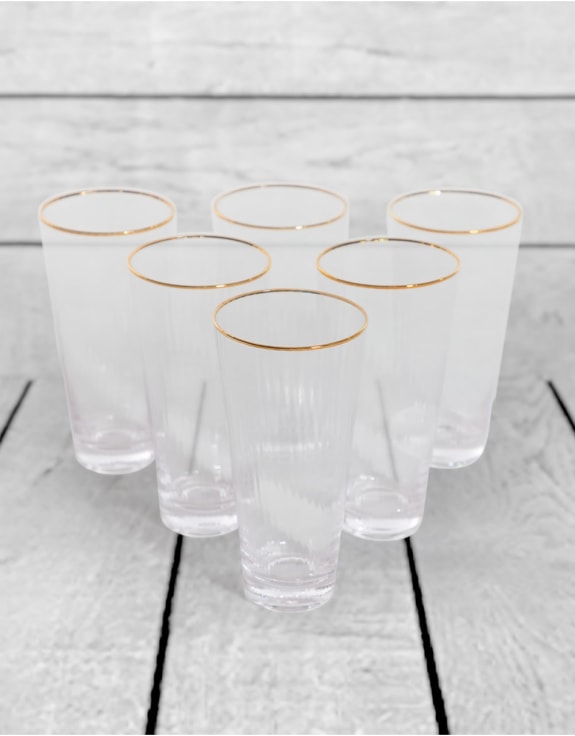 Set of 6 Traditional Highball Glass Tumblers with Gold Rims