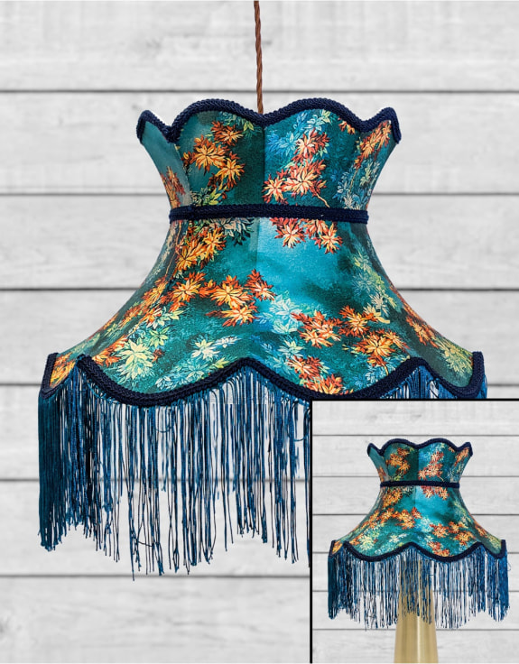 Floral Design Tall Blue Frilled Lampshade (Use As Pendant or Shade)