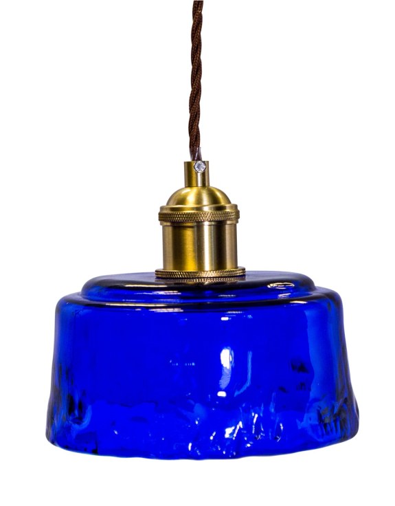 Antique Brass Pendant Light with Blue Glass Shade