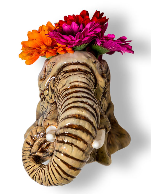 Hand Painted Ceramic Elephant Head Wall Sconce Vase