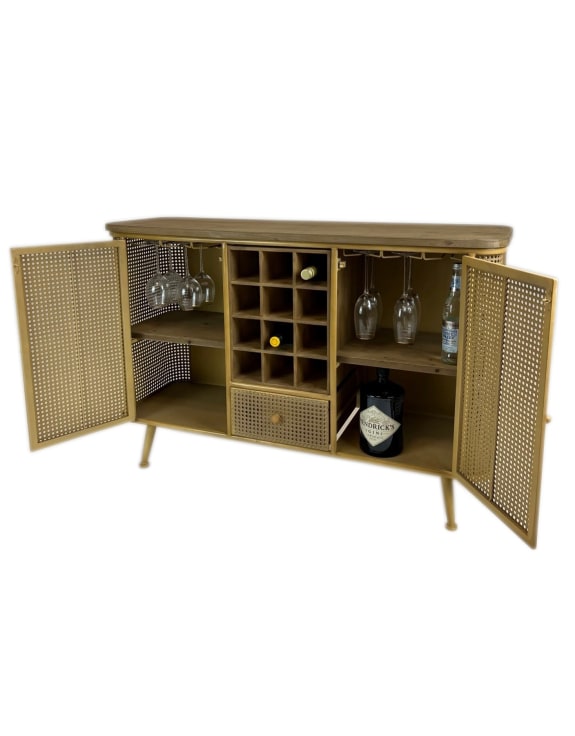 Rustic Metal Rattan and Wood Retro Sideboard Bar Unit