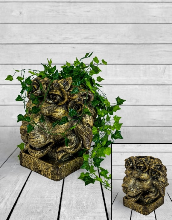 Large Antique Gold Effect Lion Head Planter