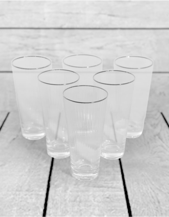 Set of 6 Traditional Highball Glass Tumblers with Silver Rims