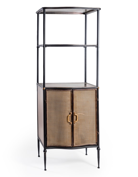 Antiqued Black Tall Cupboard Shelf Unit with Metal Rattan Doors