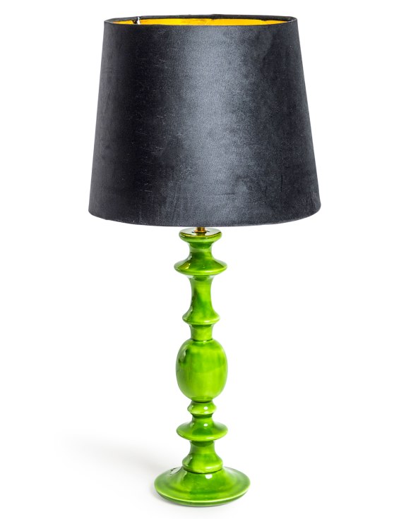 Green Gloss Wooden Table Lamp with Metallic-Lined Velvet Shade