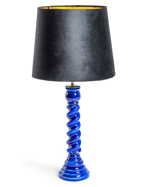 Sapphire Blue Gloss Wooden Table Lamp with Metallic-Lined Velvet Shade